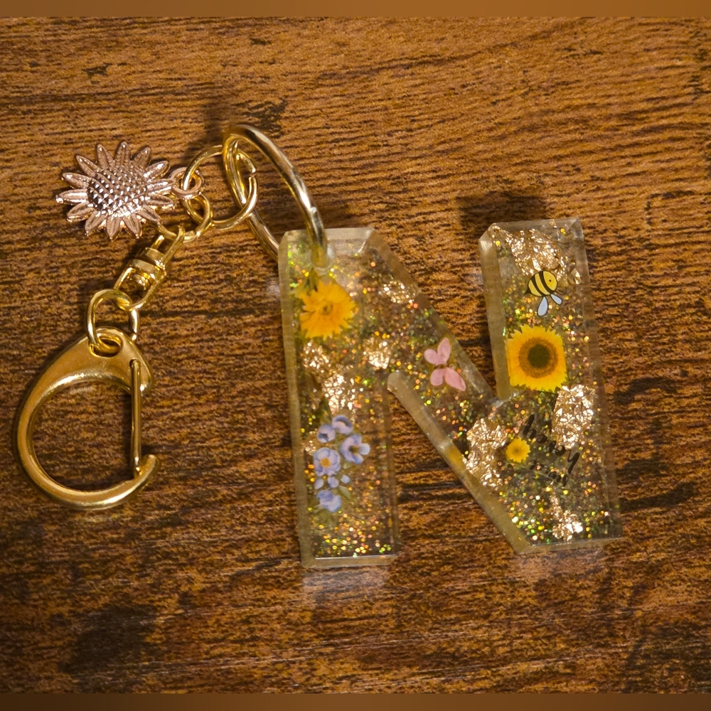 Floral Resin Keychain with Sunflowers And Butterflies. Letter N